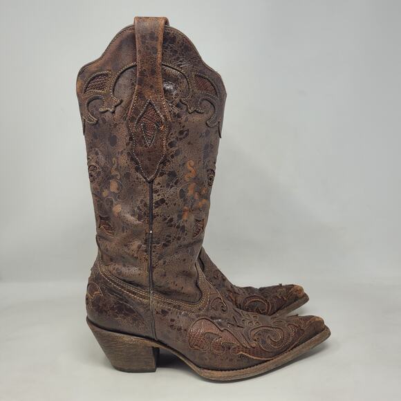 Corral Boots 6.5 Brown Lizard Leather Inlay Snip Toe Cowgirl Western Rodeo C2109 - Picture 2 of 13